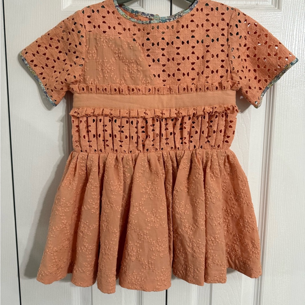 NWT Tia Cibani Kids Asymmetrical Patchwork Eyelet Dress Russet color size 2